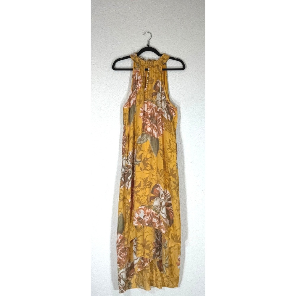 Mlle Gabrielle Yellow Floral High-Low Dress - L - Halter Boho Tropical Summer